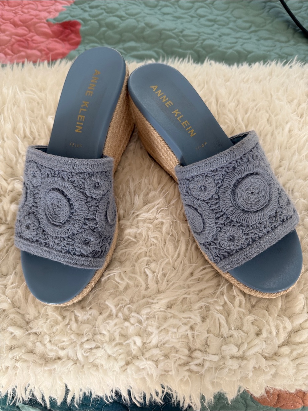 Anne Klein Dusty Blue Crochet Espadrille Wedge Slides